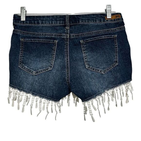 L.E.I. Denim Shorts Women's Size 7 Dark Wash White Floral Ashley Low Rise Fringe - Picture 4 of 9